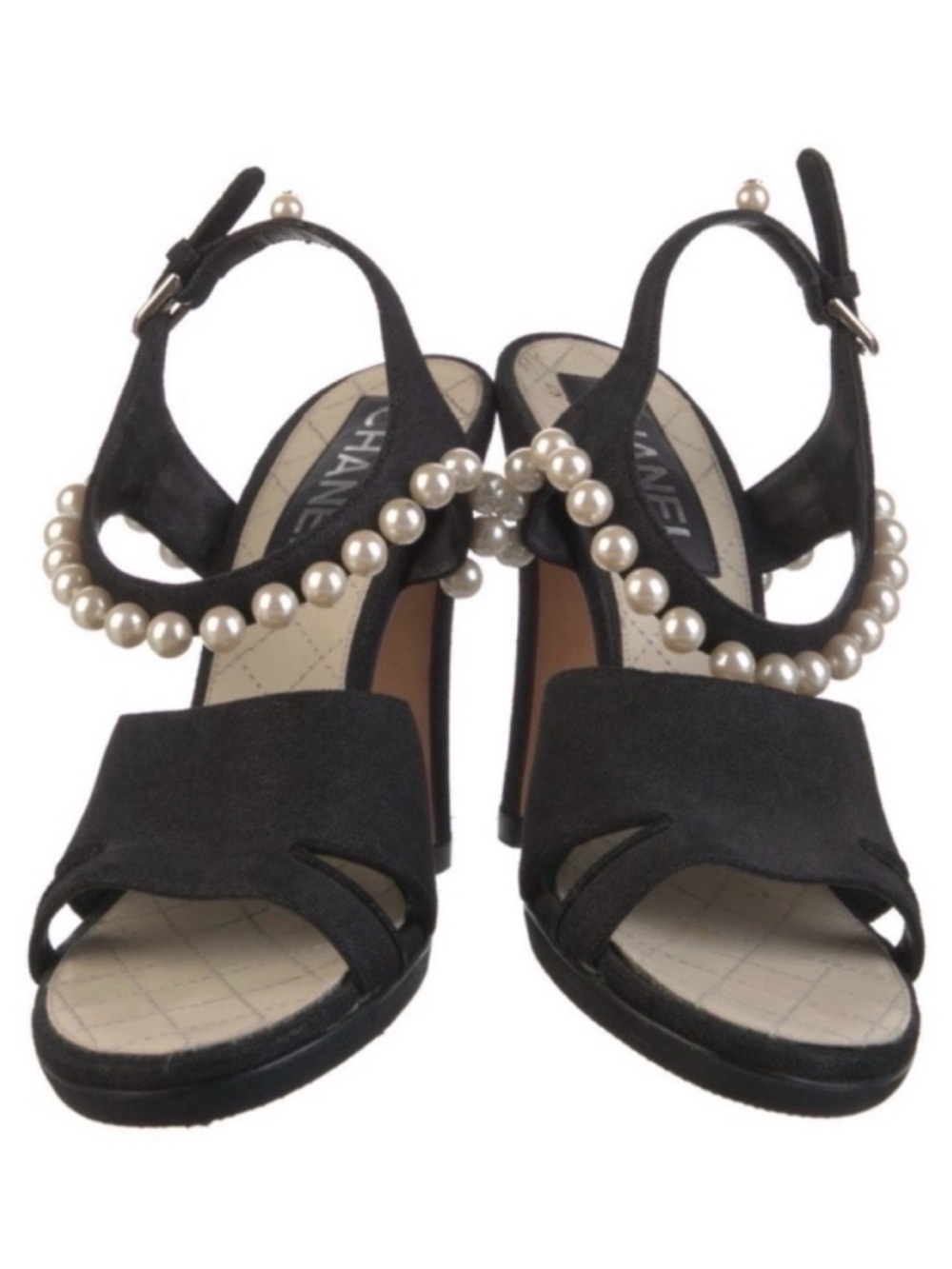 CHANEL Black Suede Faux Pearl Slingback Heeled CC 2014 Runway Sandals 37.5 - Picture 4 of 10
